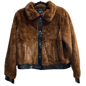 Forever 21 Plus Brown Faux Fur Bomber Teddy Jacket,‎ 1X, Faux Leather Trim, New